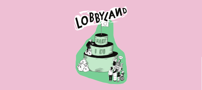 Omslagsbilden från seriealbumet Lobbyland, som illustrerar att pengar köper inflytande i EU