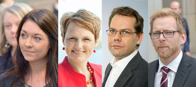 Tidigare statssekreterare och välkända politiker: Maria Ferm, Anna-Karin Hatt, Ulf Holm och Jakob Forssmed.