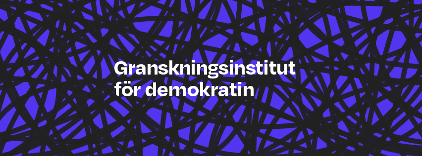 Texten 'Granskningsinstitut för demokratin' mot en bakgrund av ett snårigt nätverk.