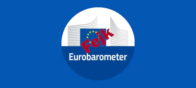 Eurobarometerns logga stämplad med ordet 'fejk'